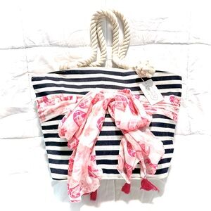 Mud Pie Navy Striped Sarong Along Tote NWT